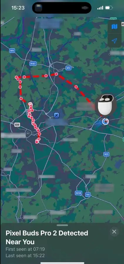 Ανεπιθύμητη ειδοποίηση παρακολούθησης που δείχνει τη συσκευή του ίδιου του θύματος (πηγή: whisperpair)